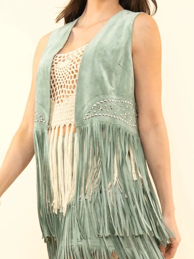 27 Faux Suede Star Stud Fringe Vest