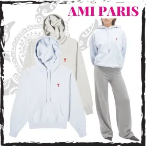 AMI PARIS  |Long Sleeves Plain Cotton Logo Hoodies & Sweatshirts