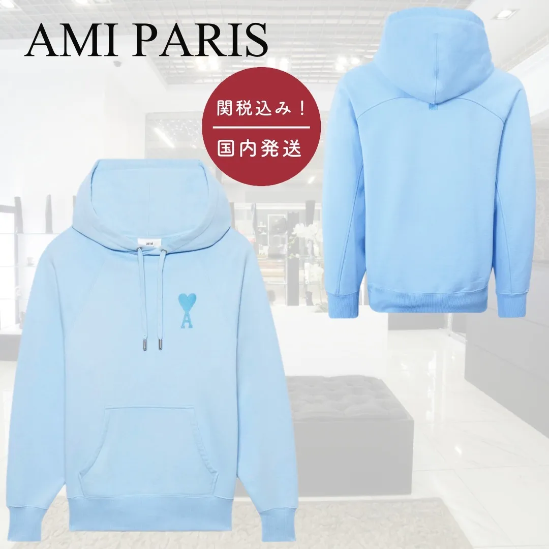 AMI PARIS  |Long Sleeves Plain Leather Logo Hoodies & Sweatshirts