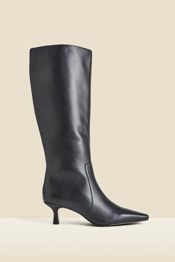 Black Knee High Low Heel Boots