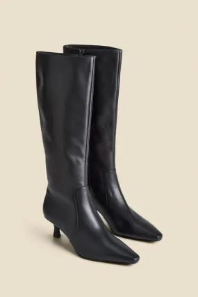 Black Knee High Low Heel Boots