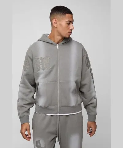 boohoo Mens Oversize Boxy Homme Applique Spray Was Zip Through Hoodie