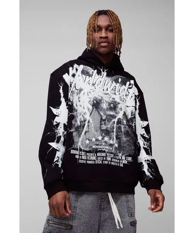 boohoo Mens Tall Oversized Worldwide Large Scale Print Hoodie