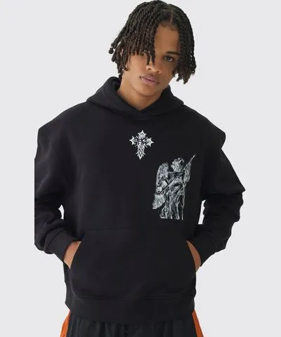 boohooMAN Mens Oversized Boxy Gothic Angel Print Hoodie