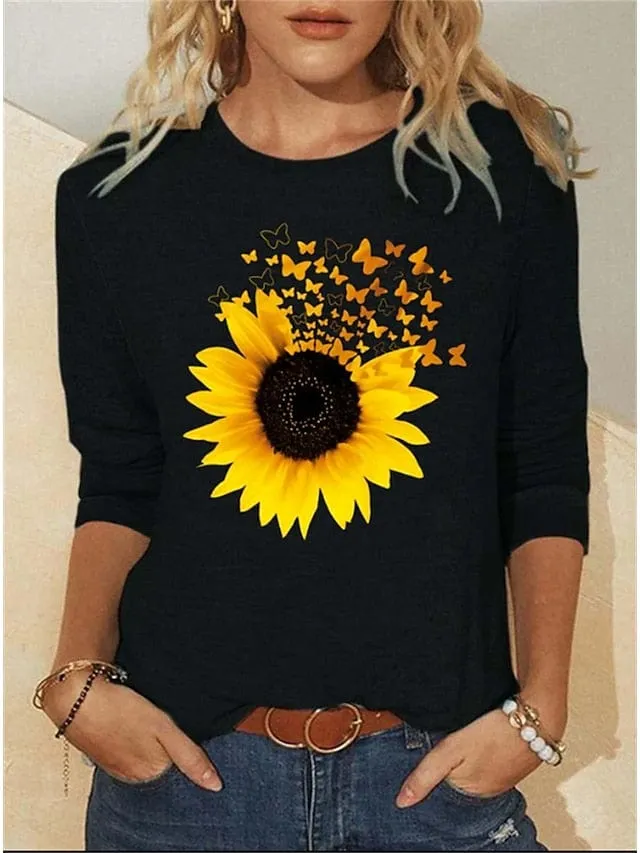 Butterfly and Sunflower Print Women's Long Sleeve T-shirt