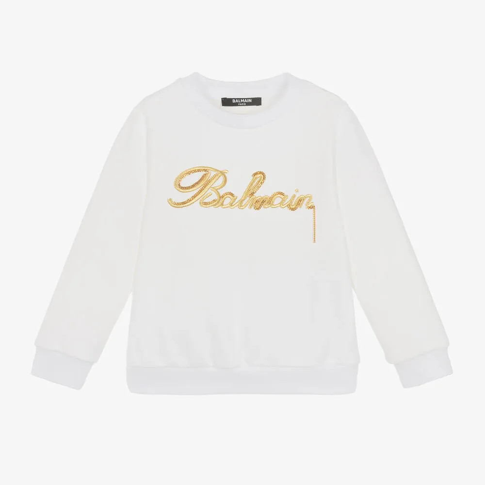 Girls White Embroidered Cotton Sweatshirt