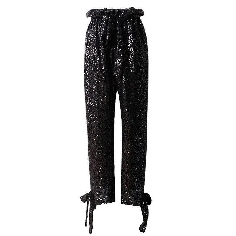 High Waisted Loose Sequined Bow Ankle Pants