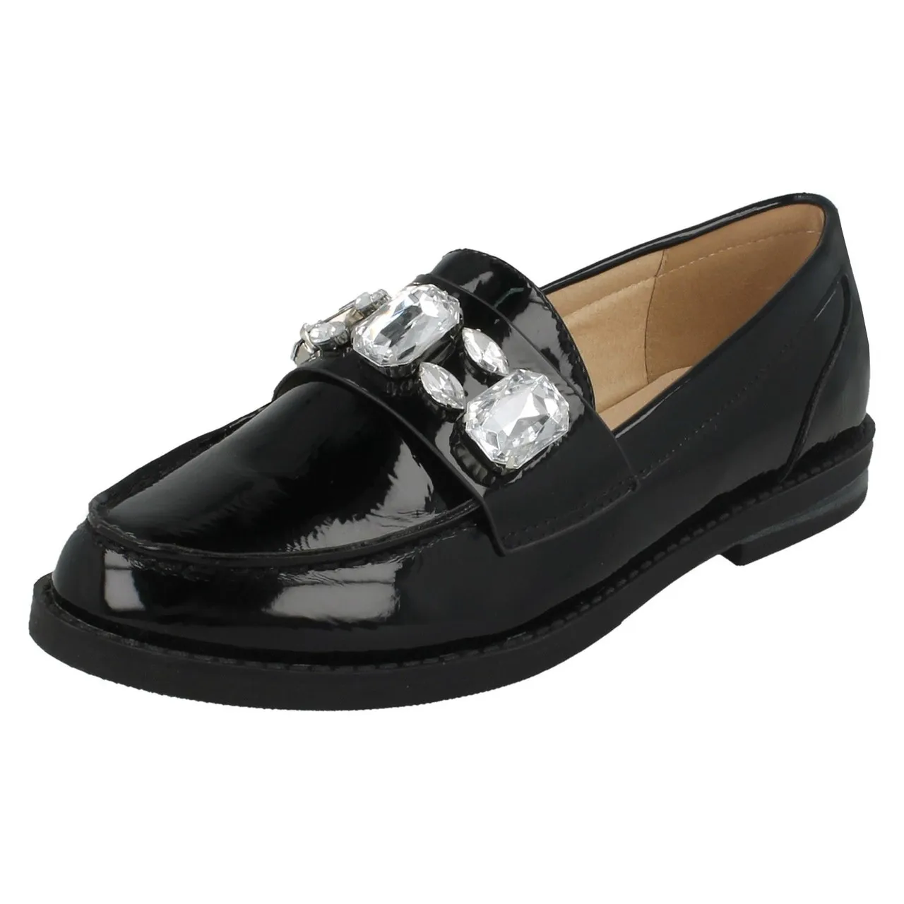 Ladies Spot On Jewel Trim Vamp Loafer Shoes