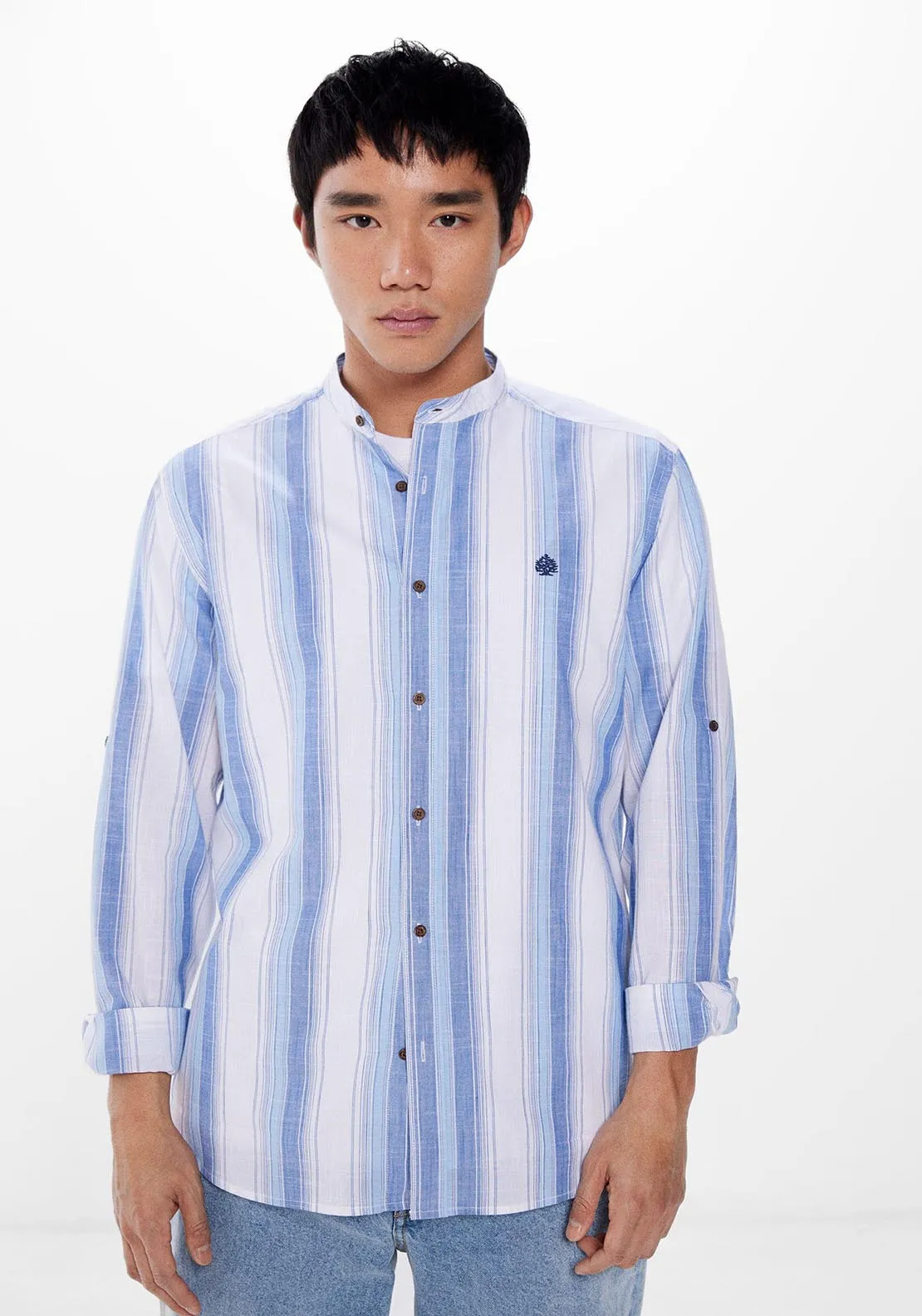 Long Sleeve Mao Stripe Shirt - Blue