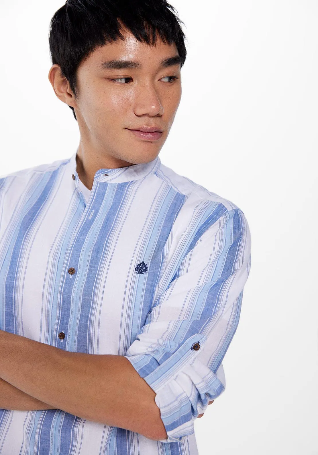 Long Sleeve Mao Stripe Shirt - Blue