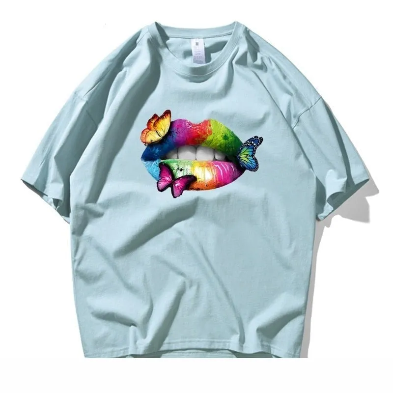 Men's Summer Casual Colorful Lip Butterfly Cotton Short Sleeve T-shirt