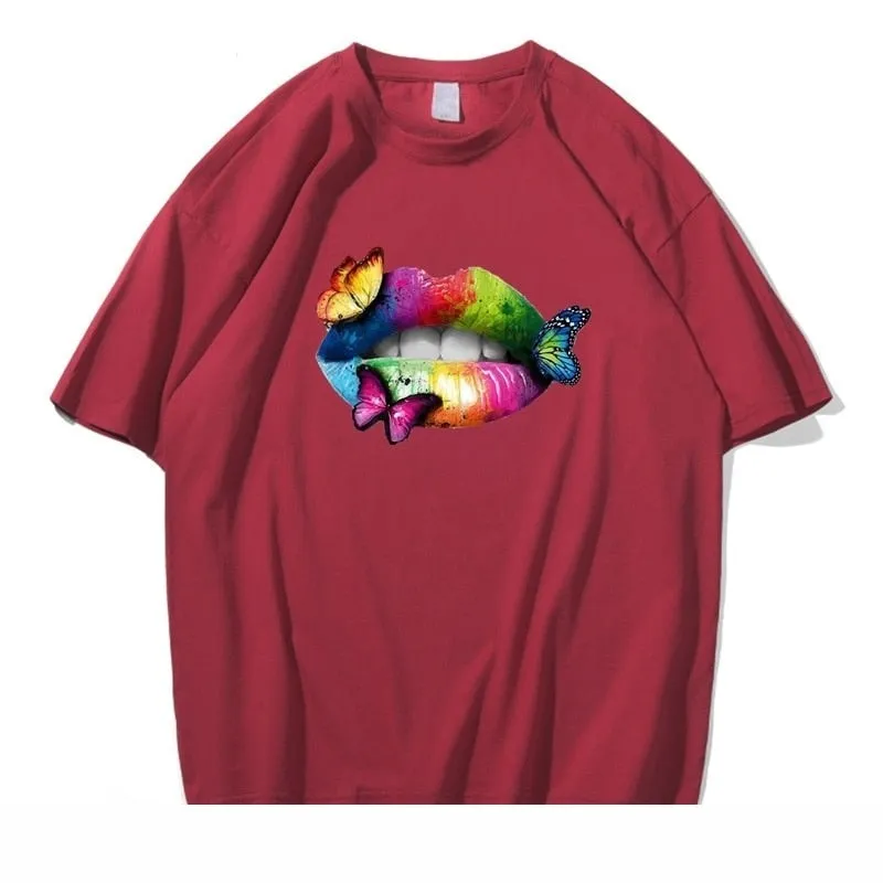 Men's Summer Casual Colorful Lip Butterfly Cotton Short Sleeve T-shirt