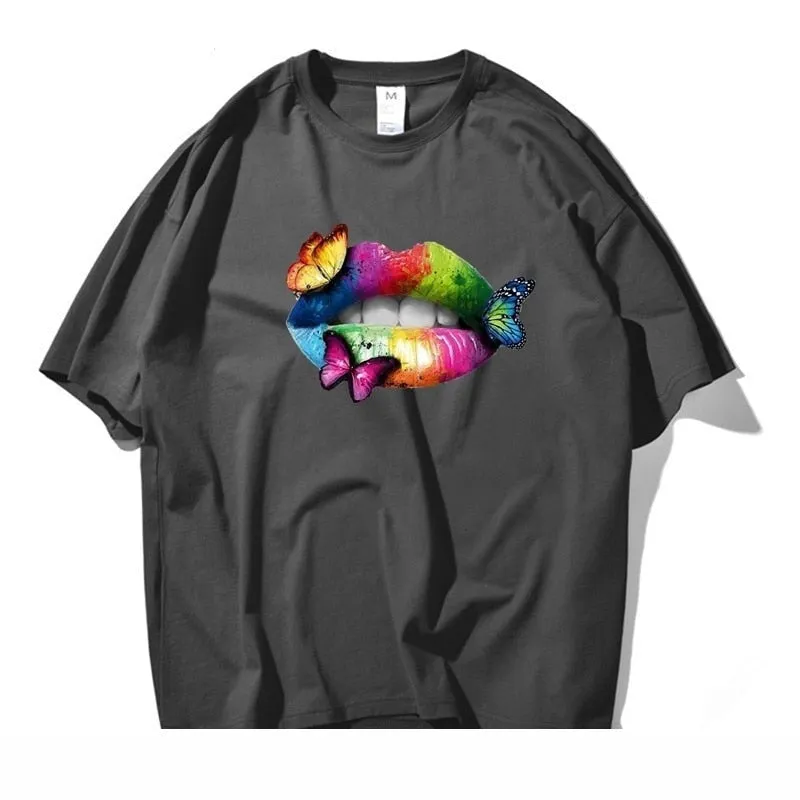 Men's Summer Casual Colorful Lip Butterfly Cotton Short Sleeve T-shirt