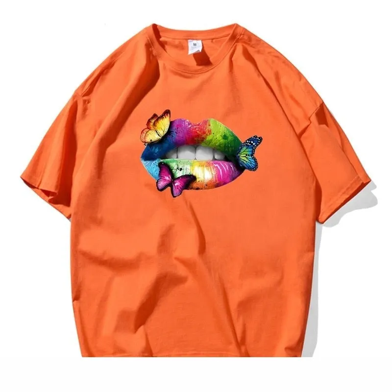 Men's Summer Casual Colorful Lip Butterfly Cotton Short Sleeve T-shirt