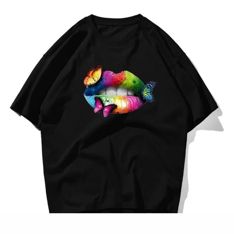 Men's Summer Casual Colorful Lip Butterfly Cotton Short Sleeve T-shirt