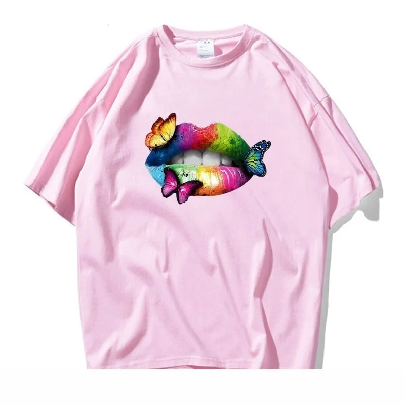 Men's Summer Casual Colorful Lip Butterfly Cotton Short Sleeve T-shirt