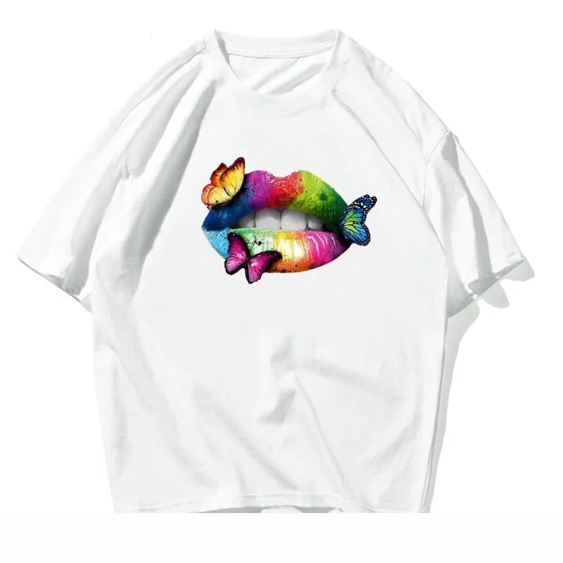 Men's Summer Casual Colorful Lip Butterfly Cotton Short Sleeve T-shirt