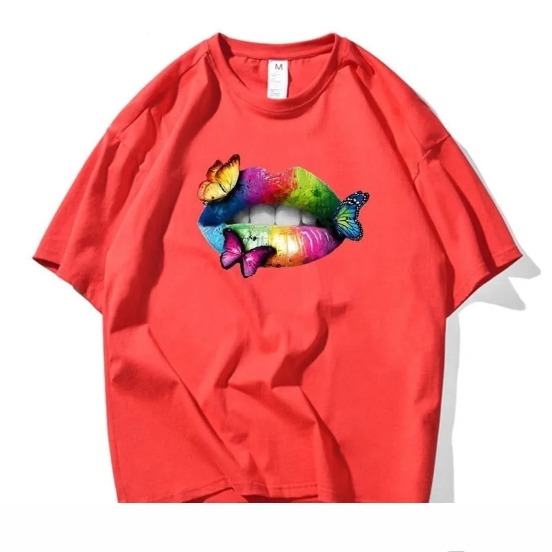 Men's Summer Casual Colorful Lip Butterfly Cotton Short Sleeve T-shirt