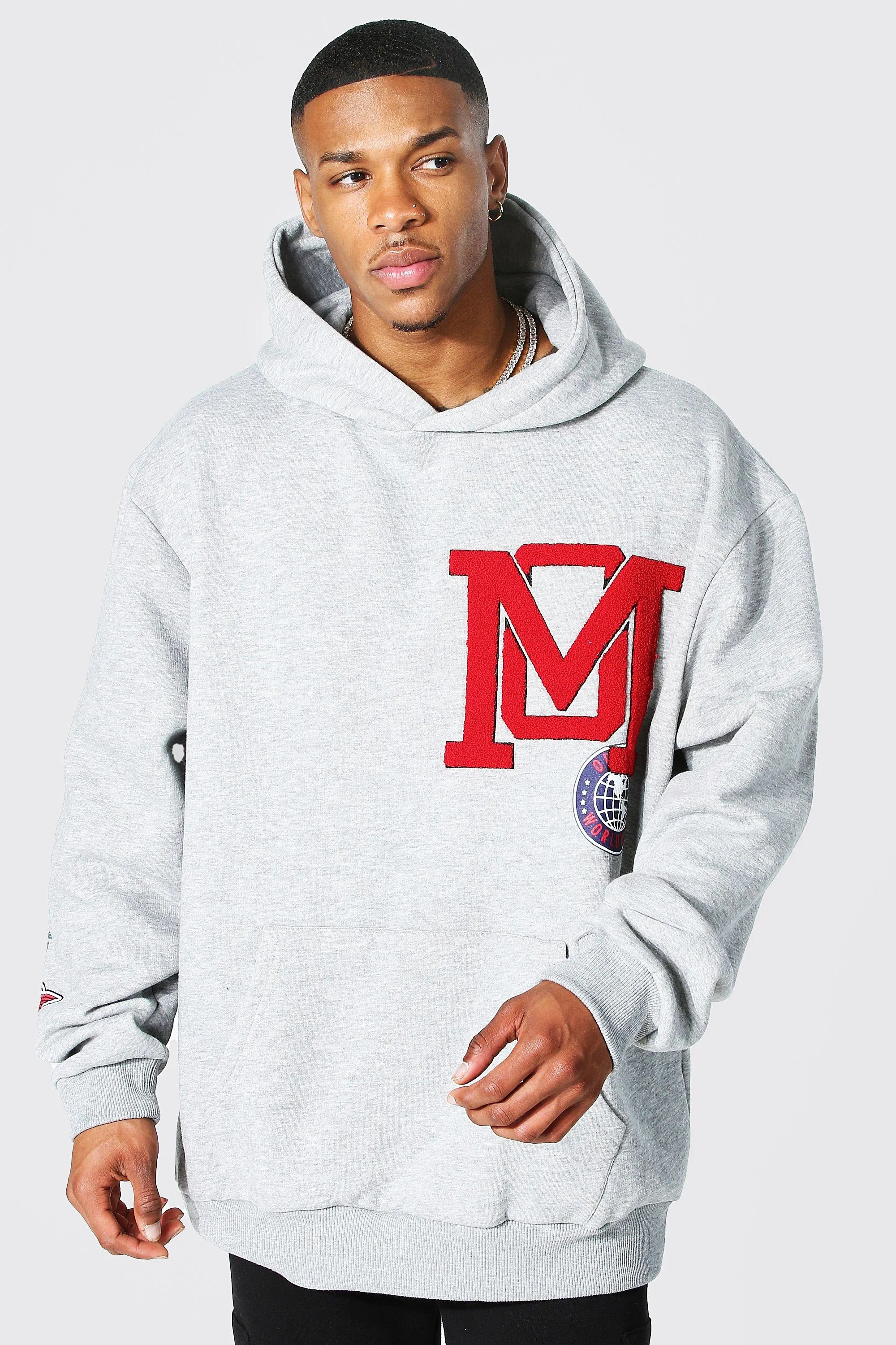 Oversized M Badge Varsity Hoodie | boohooMAN UK