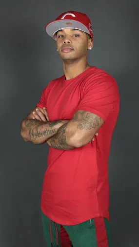 Red Longline T Shirt for Men | Men Red Drop Cut Curved Hem Shirt | Jordan Craig