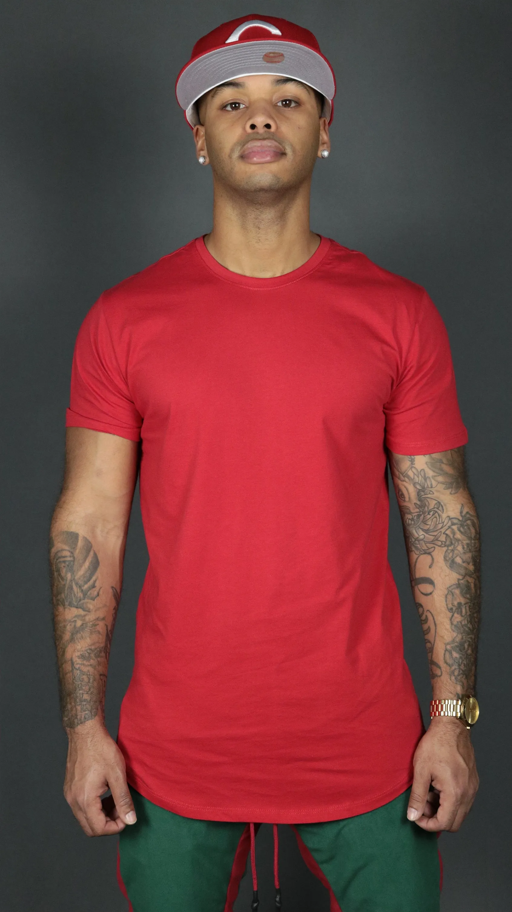 Red Longline T Shirt for Men | Men Red Drop Cut Curved Hem Shirt | Jordan Craig