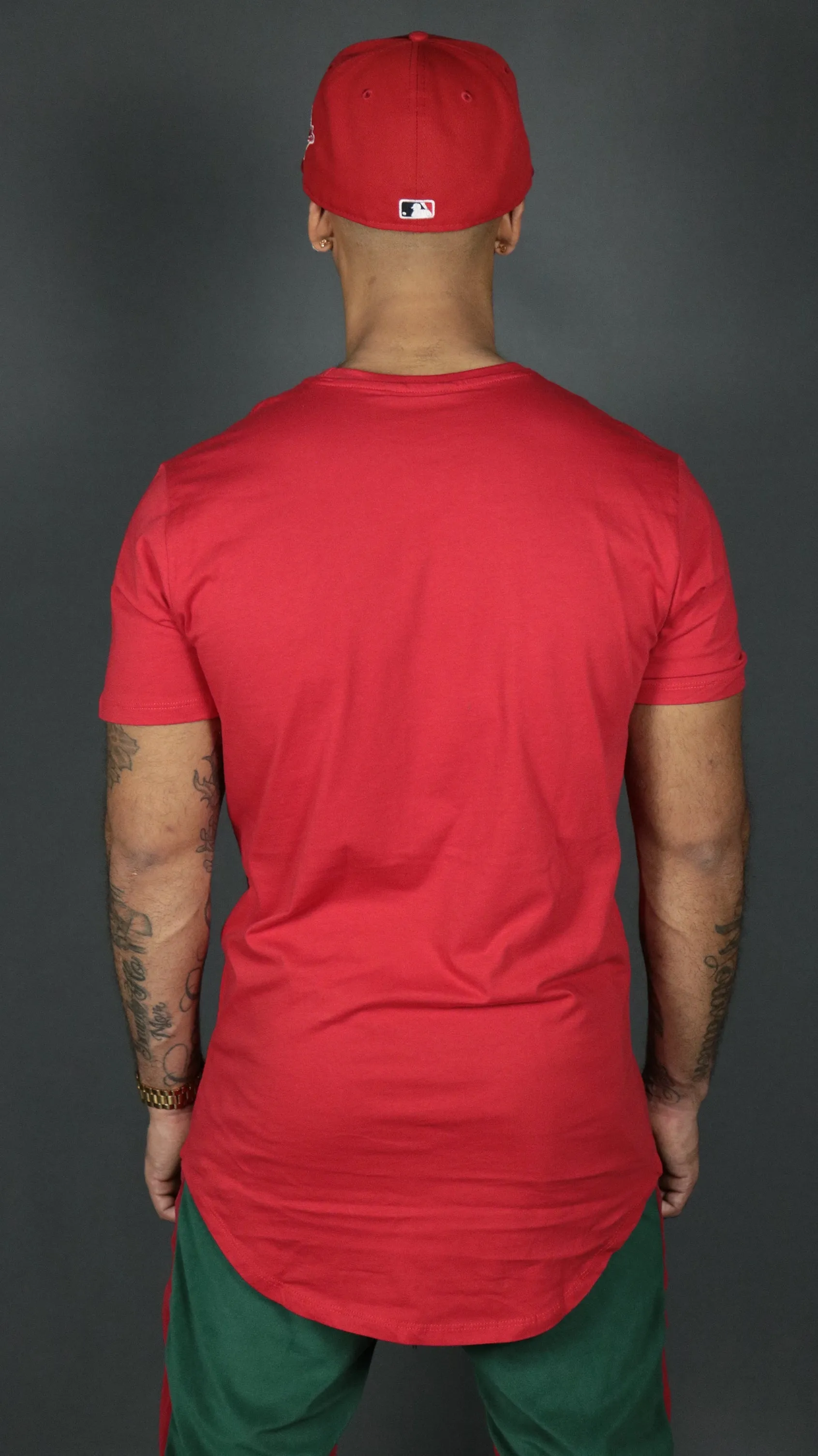 Red Longline T Shirt for Men | Men Red Drop Cut Curved Hem Shirt | Jordan Craig