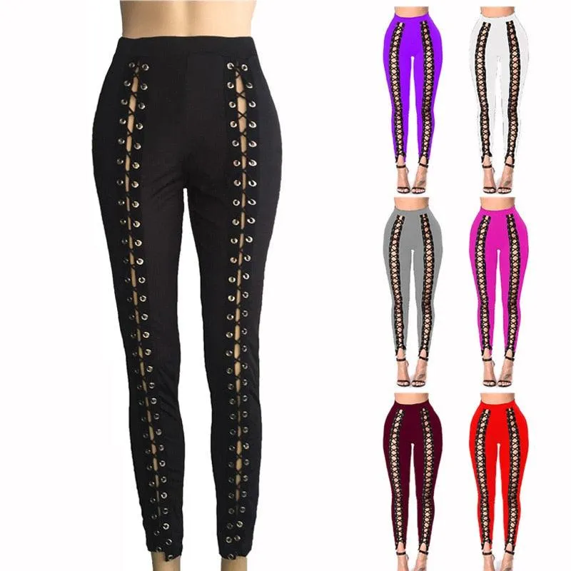 Sexy Lace Up Pants Slim Black High Waist Bandage Leggings