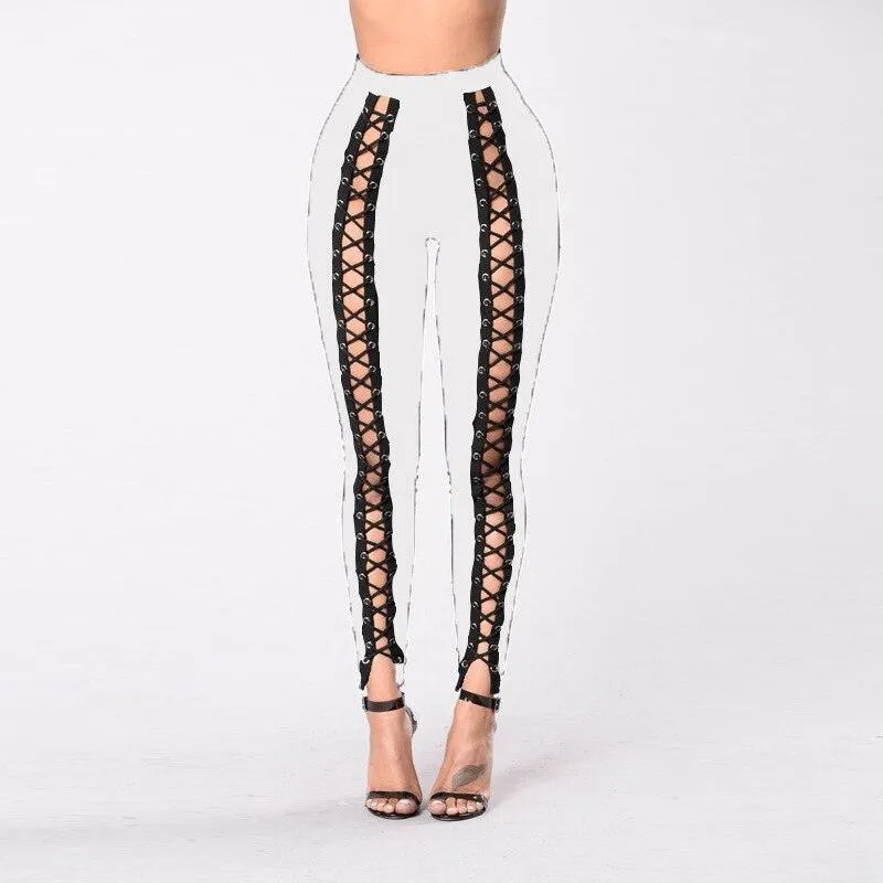 Sexy Lace Up Pants Slim Black High Waist Bandage Leggings