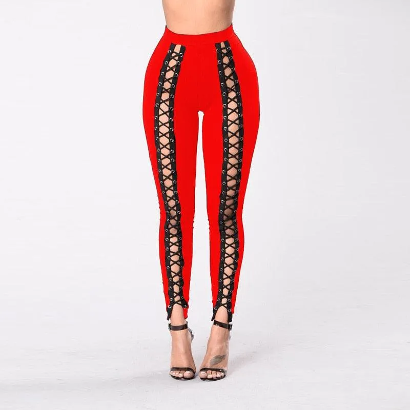 Sexy Lace Up Pants Slim Black High Waist Bandage Leggings