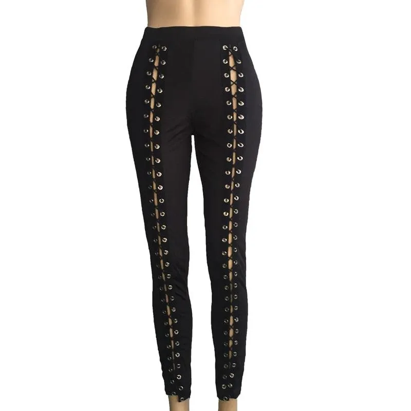 Sexy Lace Up Pants Slim Black High Waist Bandage Leggings