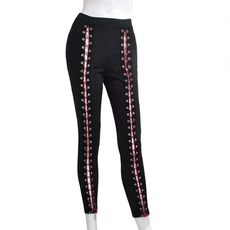 Sexy Lace Up Pants Slim Black High Waist Bandage Leggings