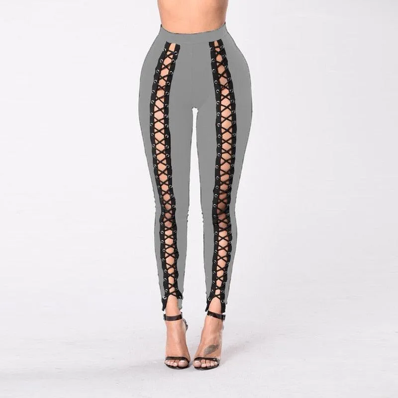 Sexy Lace Up Pants Slim Black High Waist Bandage Leggings