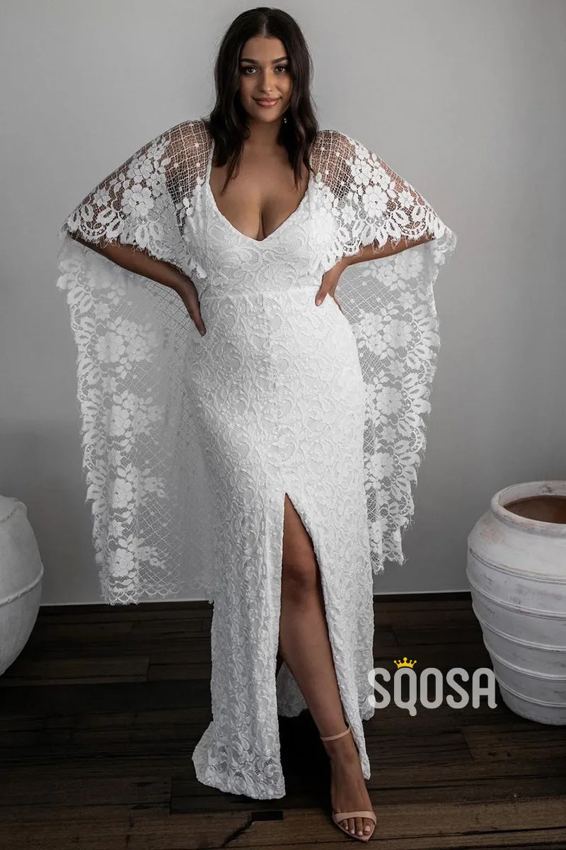 Unique Bat Sleeves V-neck Lace Bohemian Wedding Dress QW2694