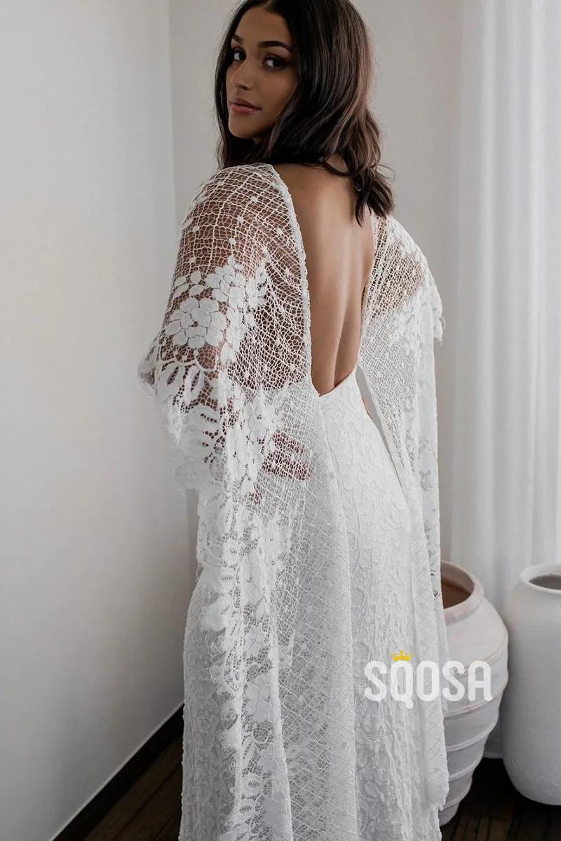 Unique Bat Sleeves V-neck Lace Bohemian Wedding Dress QW2694