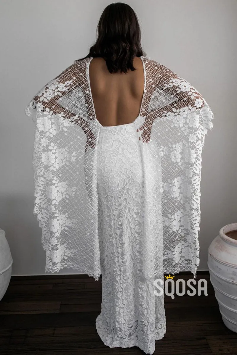 Unique Bat Sleeves V-neck Lace Bohemian Wedding Dress QW2694