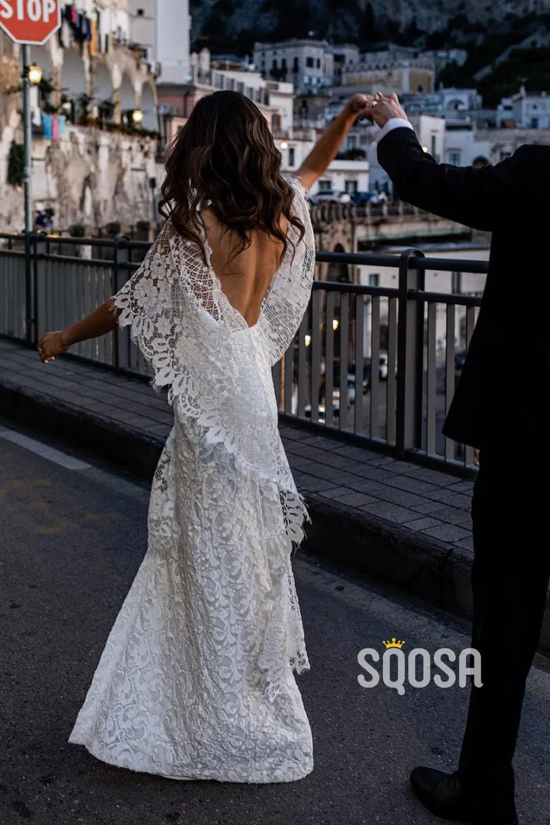 Unique Bat Sleeves V-neck Lace Bohemian Wedding Dress QW2694