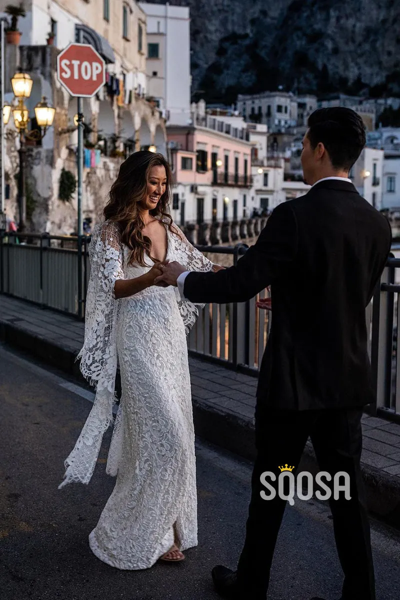 Unique Bat Sleeves V-neck Lace Bohemian Wedding Dress QW2694