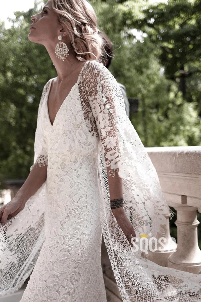 Unique Bat Sleeves V-neck Lace Bohemian Wedding Dress QW2694