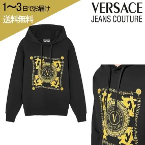 VERSACE JEANS  |Unisex Plain Cotton Oversized Logo Hoodies