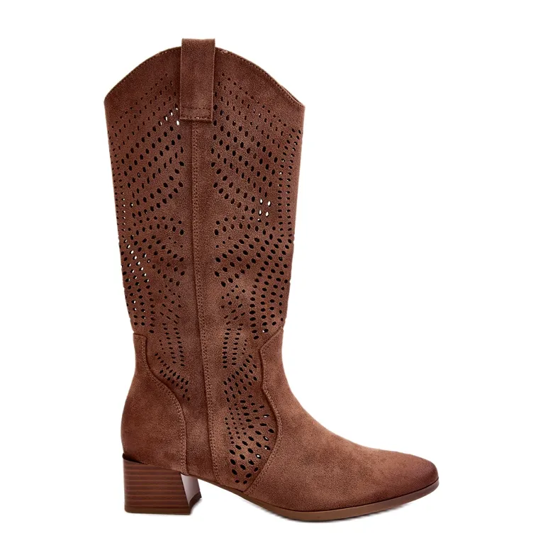 Vinceza Openwork Low Heel Boots Brown Walea