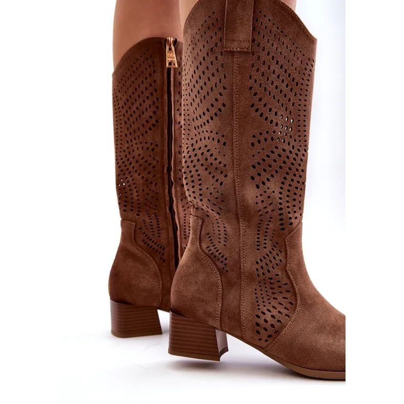 Vinceza Openwork Low Heel Boots Brown Walea