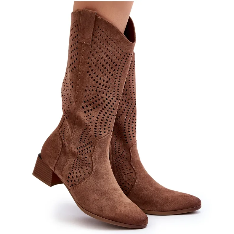 Vinceza Openwork Low Heel Boots Brown Walea