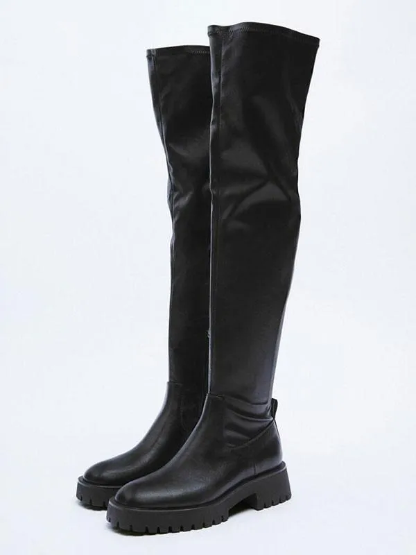 Women Black Boots PU Leather Flat Over The Knee Boots