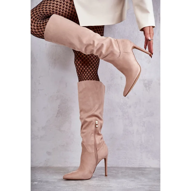 WS1 Classic Suede High Heel Boots Beige Ameya