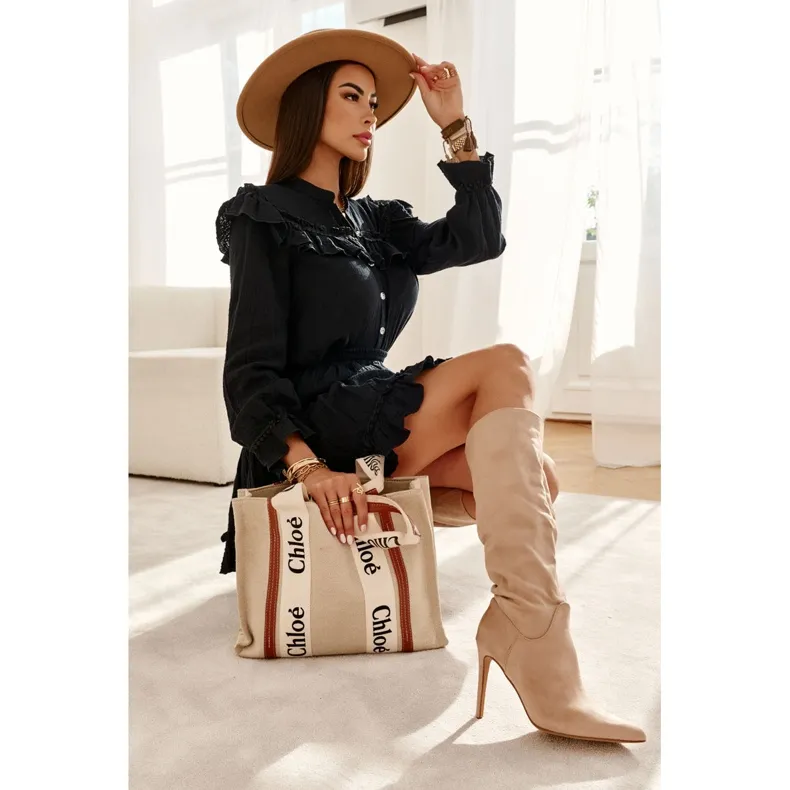 WS1 Classic Suede High Heel Boots Beige Ameya