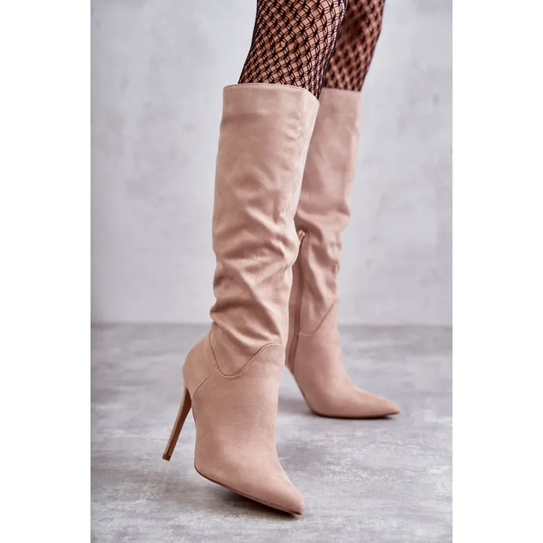 WS1 Classic Suede High Heel Boots Beige Ameya